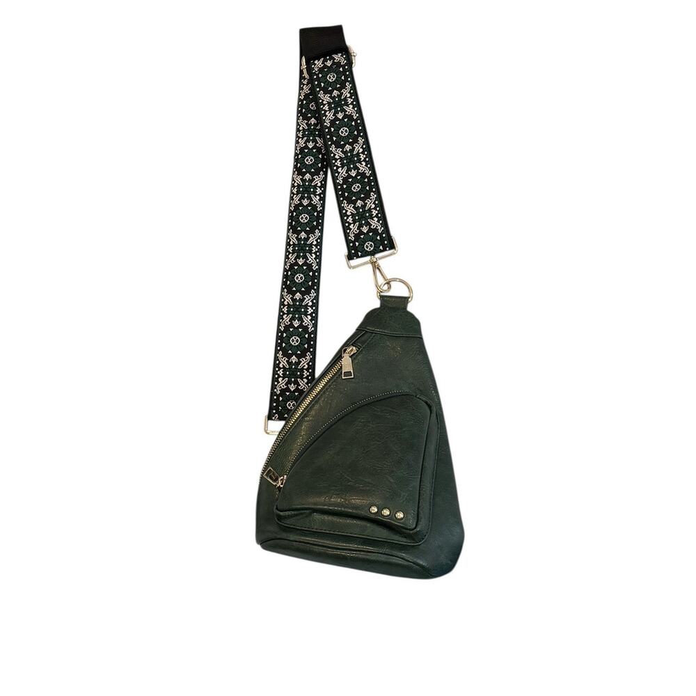 Austin Sing Bag Green Vegan Leather Gold Hardware Floral Strap Crossbody